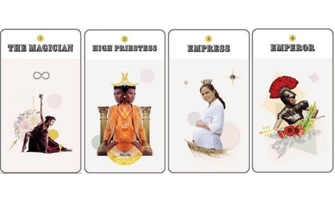 The magician, high priestess, empress, and emperor cards from the Gold Lyre Tarot deck.